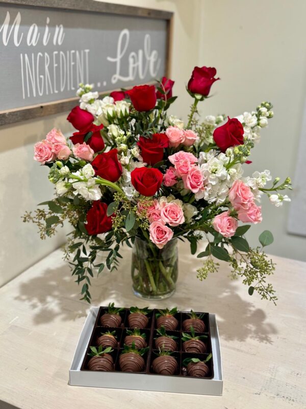 Fields of love bouquet in vase with dozen chocolate covered strawberries