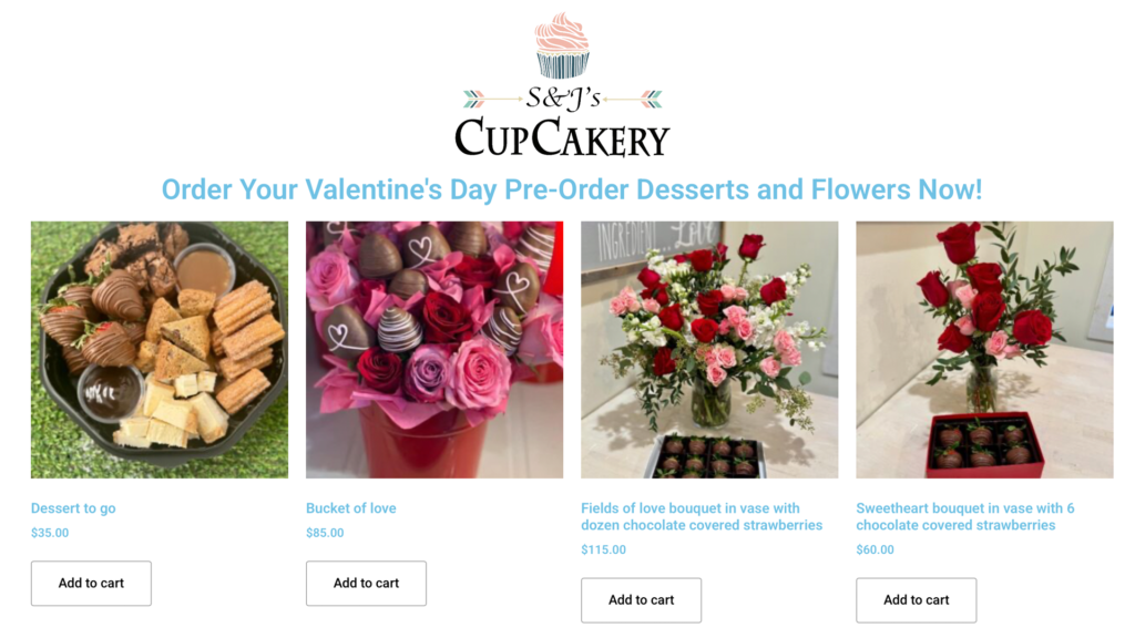 A collage showcasing S&J's CupCakery Valentine's Day offerings: Sweetheart Bouquet, Field of Love arrangement, Bucket of Love set, and Dessert To Go sampler.