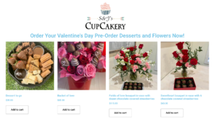 A collage showcasing S&J's CupCakery Valentine's Day offerings: Sweetheart Bouquet, Field of Love arrangement, Bucket of Love set, and Dessert To Go sampler.